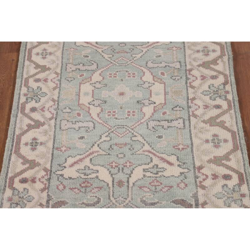 Turquoise Green Oushak Indian Runner Rug Hand-Knotted Wool Carpet - 2'8"x 8'5"