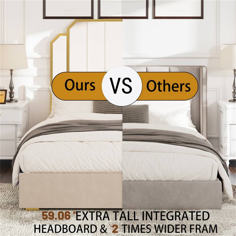Queen Size Bed Frame and 59.06" Headboard with Golden Plating Trim