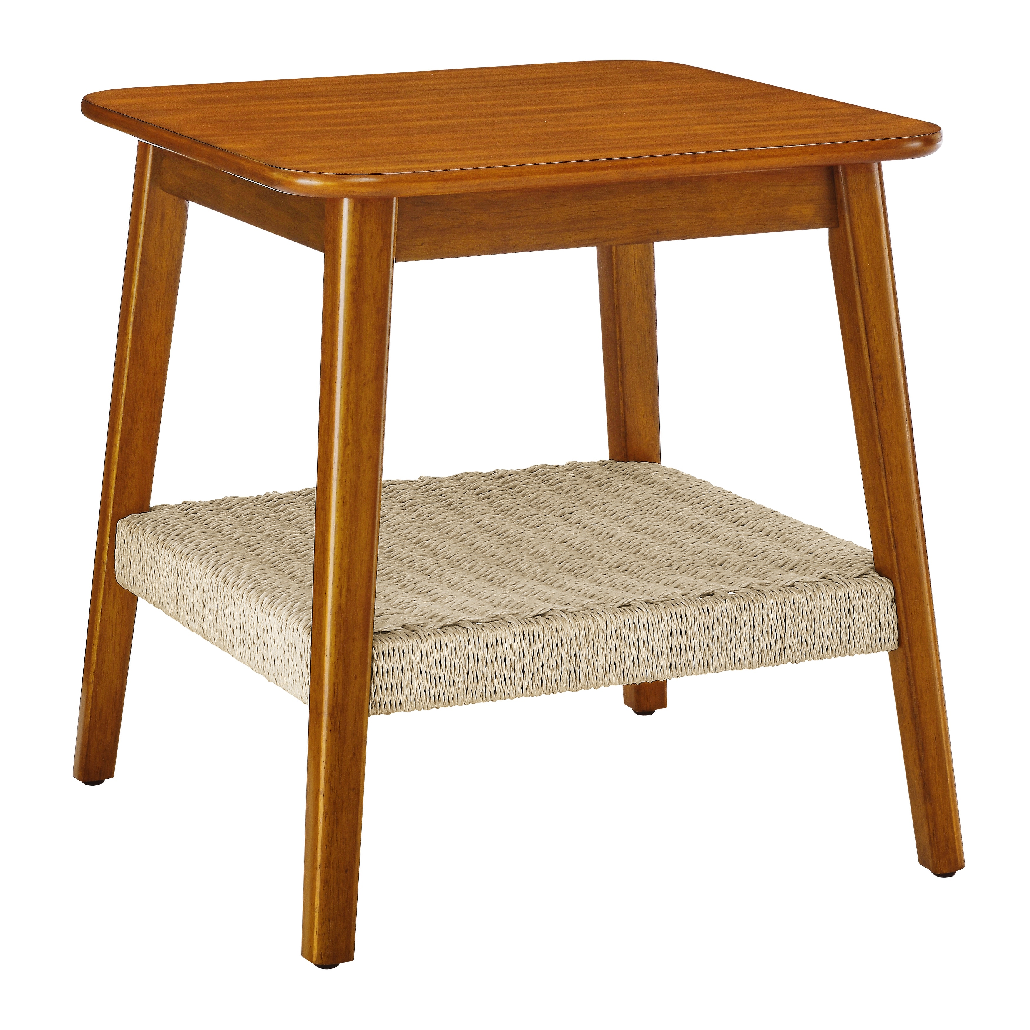 Mid-Century Small Sofa Side Table with Solid Wood Legs and Woven Shelf, Boho End Table for Living Room, Walnut