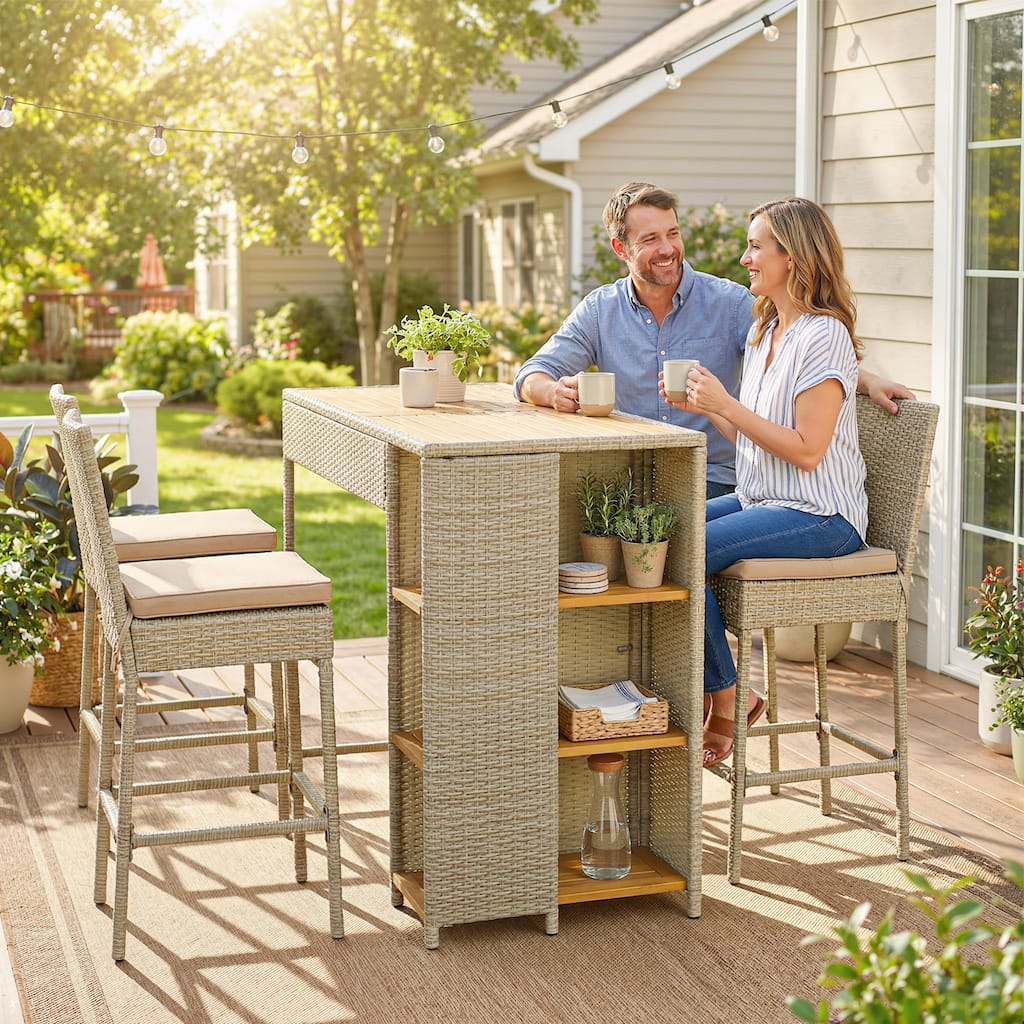 Outsunny 5 Piece Outdoor Bar Set, 3 Tier Storage Wicker Outdoor High Top Table and Chairs