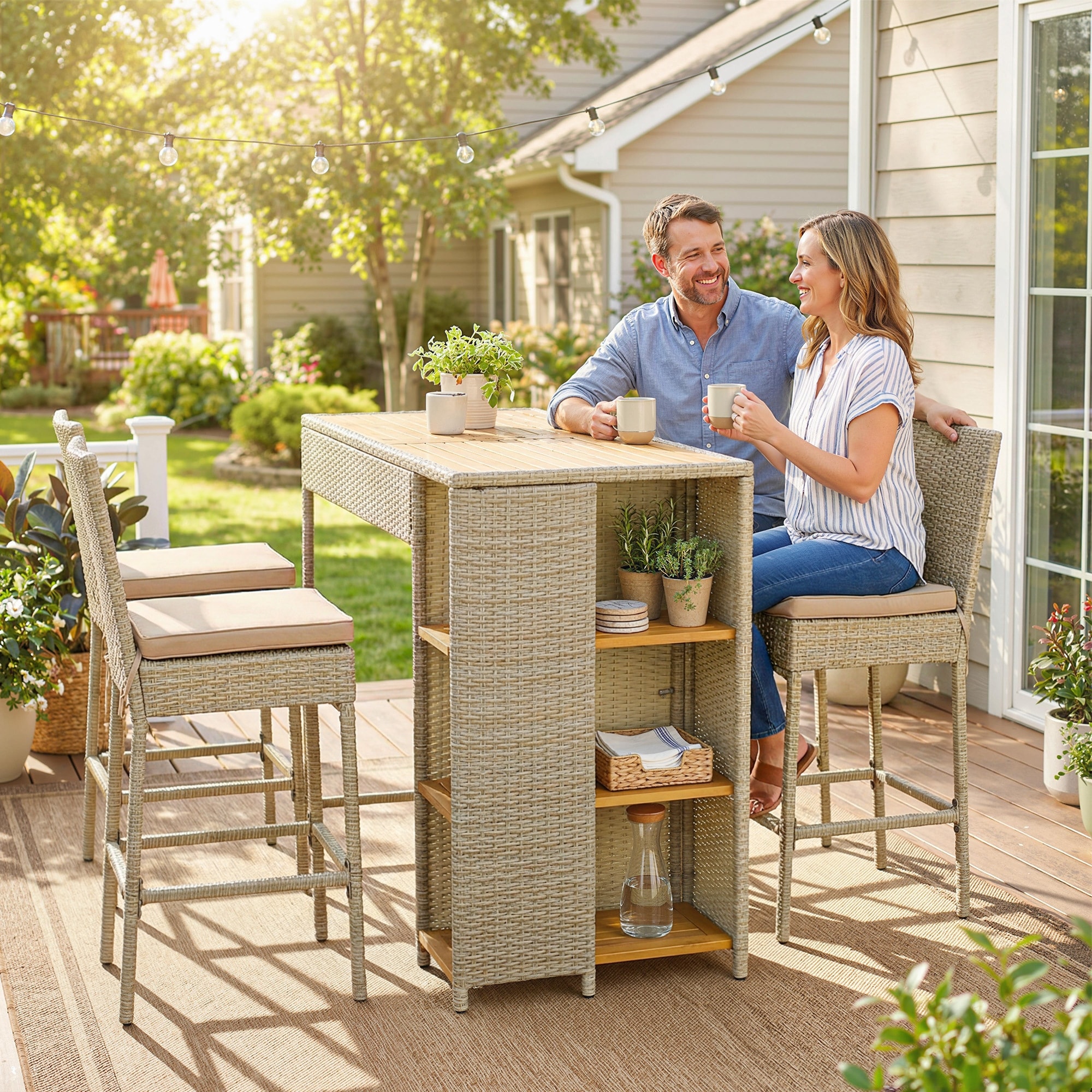 Outsunny 5 Piece Outdoor Bar Set, 3 Tier Storage Wicker Outdoor High Top Table and Chairs