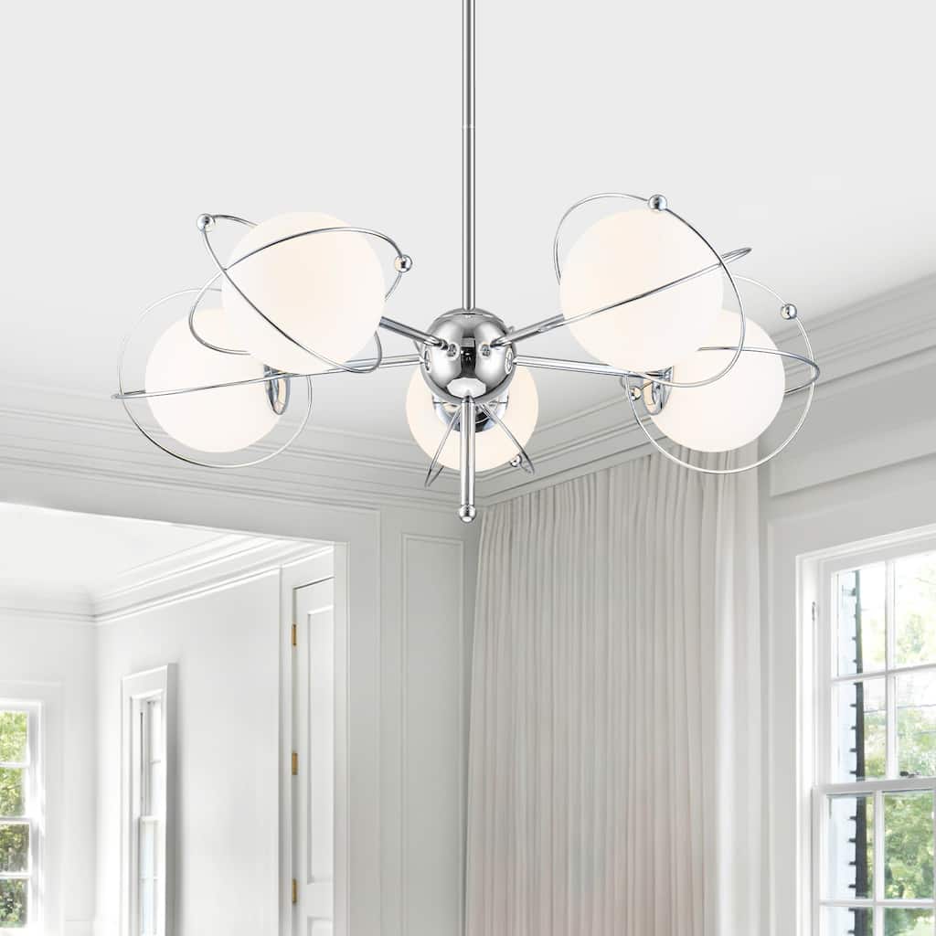 5-Light Modern Globe Chandelier Chrome Orbit Frame Opal Glass Globes - Dia.30.71-in
