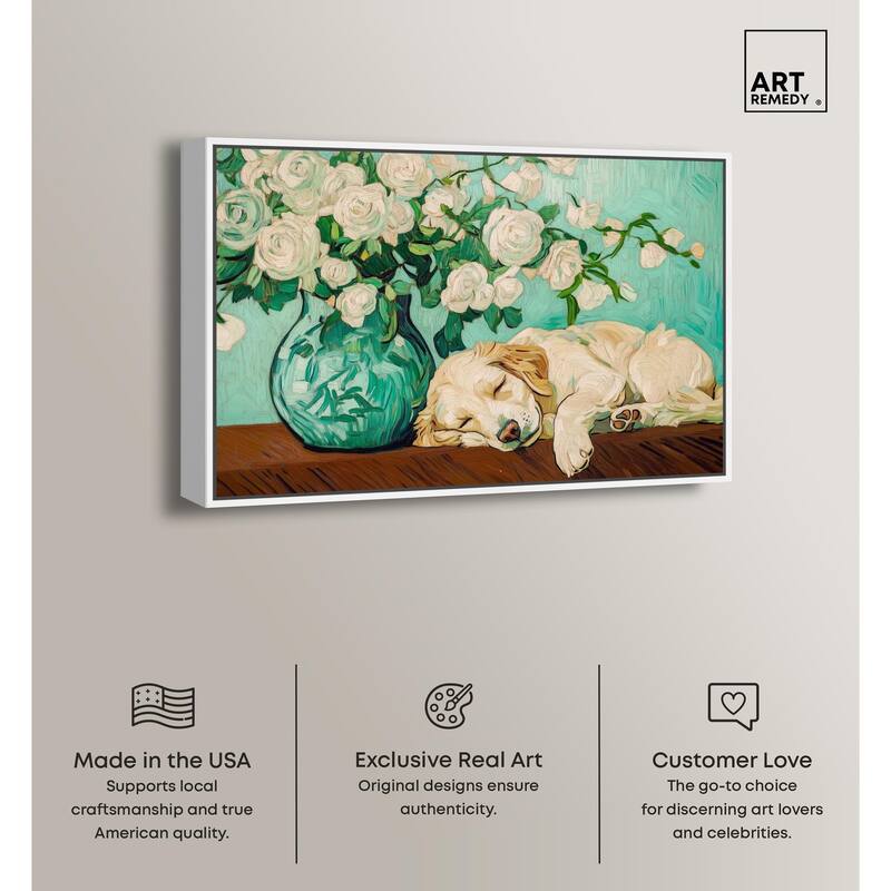 Rose Vase Puppy Canvas by Art Remedy