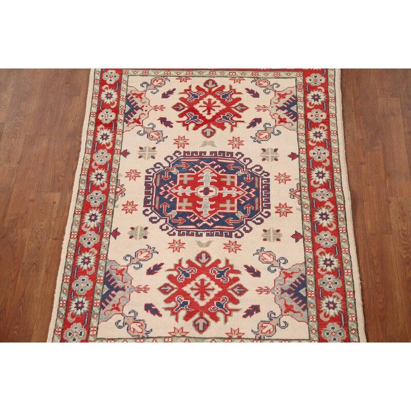 Ivory / Beige Kazak Oriental Accent Rug Hand-Knotted Wool Carpet - 3'2"x 4'8"