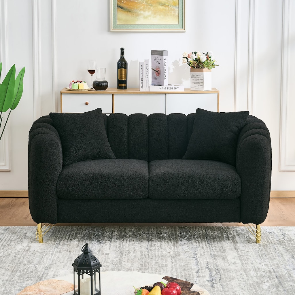 Roomfitters 63" Modern Teddy Fabric Loveseat with Gold Legs, Channel Stitched 2-Seater Sofa for Small Spaces