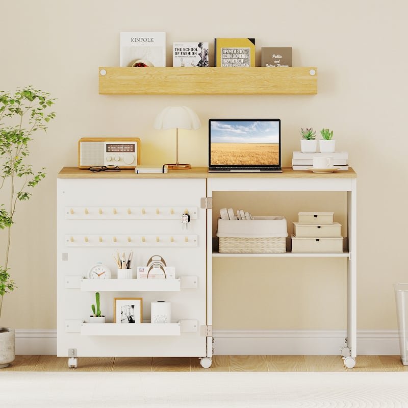 Gymax Folding Sewing Table w/ Compact Design Storage Shelf 2 Trays and