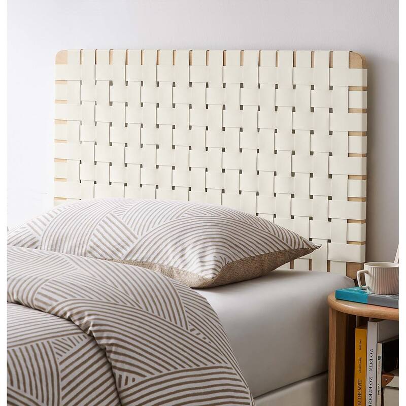 Ditmas Solid Wooden Off-White Leather Basket Weaved Twin Size Headboard