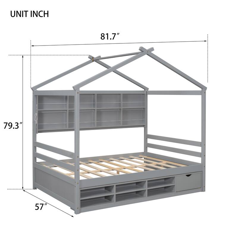 Full House Bed with Roof Frame, Bedside-shelves, Under Bed Storage Unit