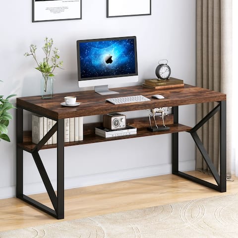 Faux Wood Computer Desk with Shelf, 55 inch Study Writing Table Workstation, Rustic Brown