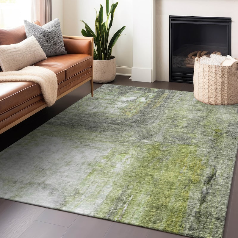 Machine Washable Indoor/ Outdoor Abstract Watercolor Chantille Rug - Aloe - 3' x 5'