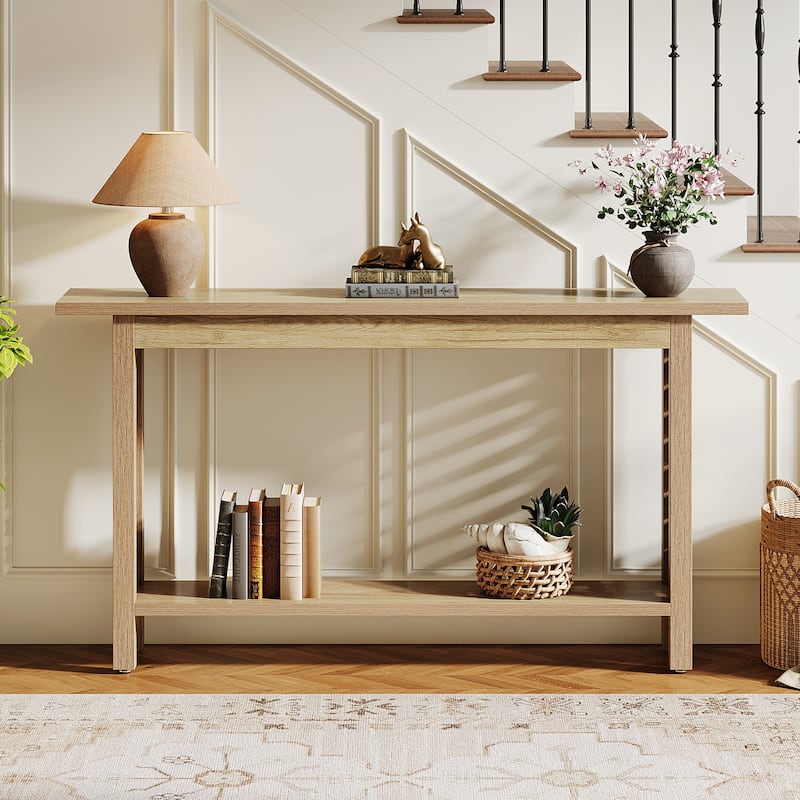 2-Tier Farmhouse Console Table for Foyer, Hallway, Living Room (Oak)