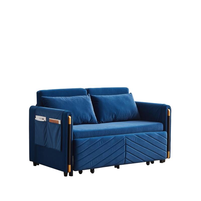 54" Velvet Pull-Out 2-Seater Sofa Bed with Adjustable Backrest & 2 Pillows