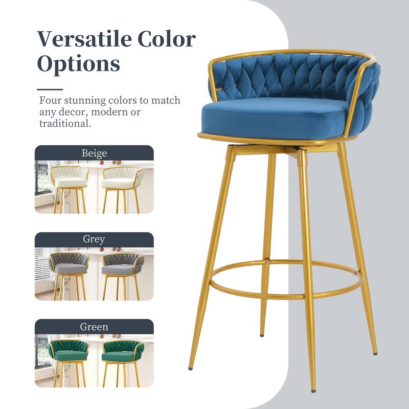Swivel Bar Stools Counter Height Chairs, Velvet Upholstered Barstools with Hand-Woven Backrest and Gold Metal Legs, Set of 2
