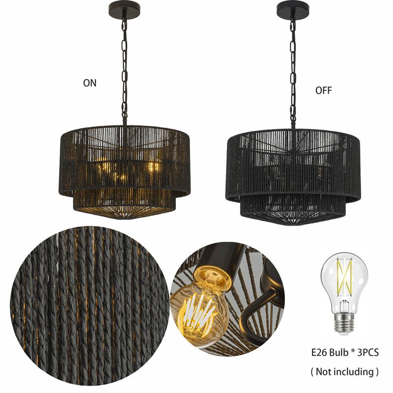 Armida 3-Light Rattan Rope Tiered Drum Pendant, Coastal Boho - Handwoven