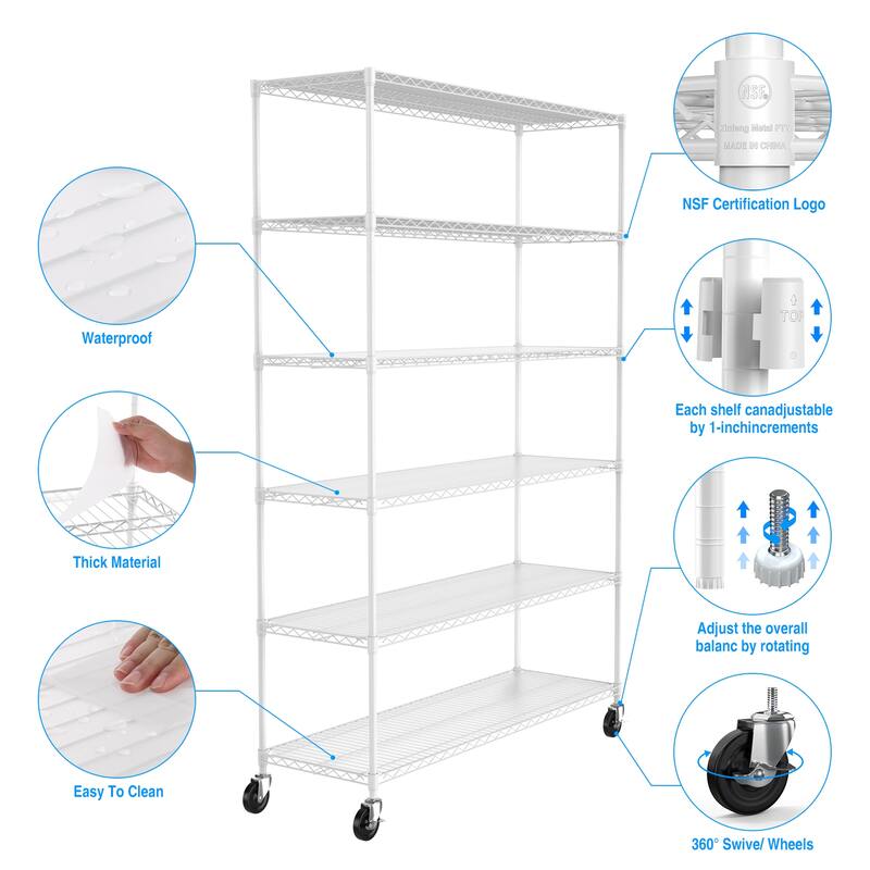 Heavy Duty 6 Tier Metal Shelves, Height Adjustable with Wheels