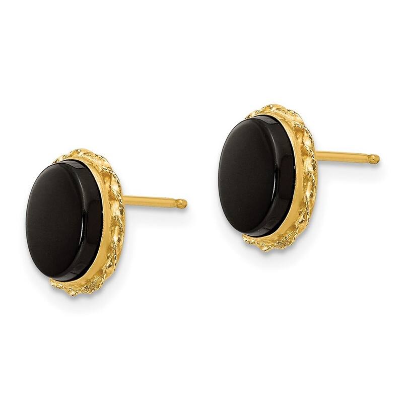 Curata 14k Yellow Gold Bezel Created Onyx Scallop Frame Earrings (7x10mm)