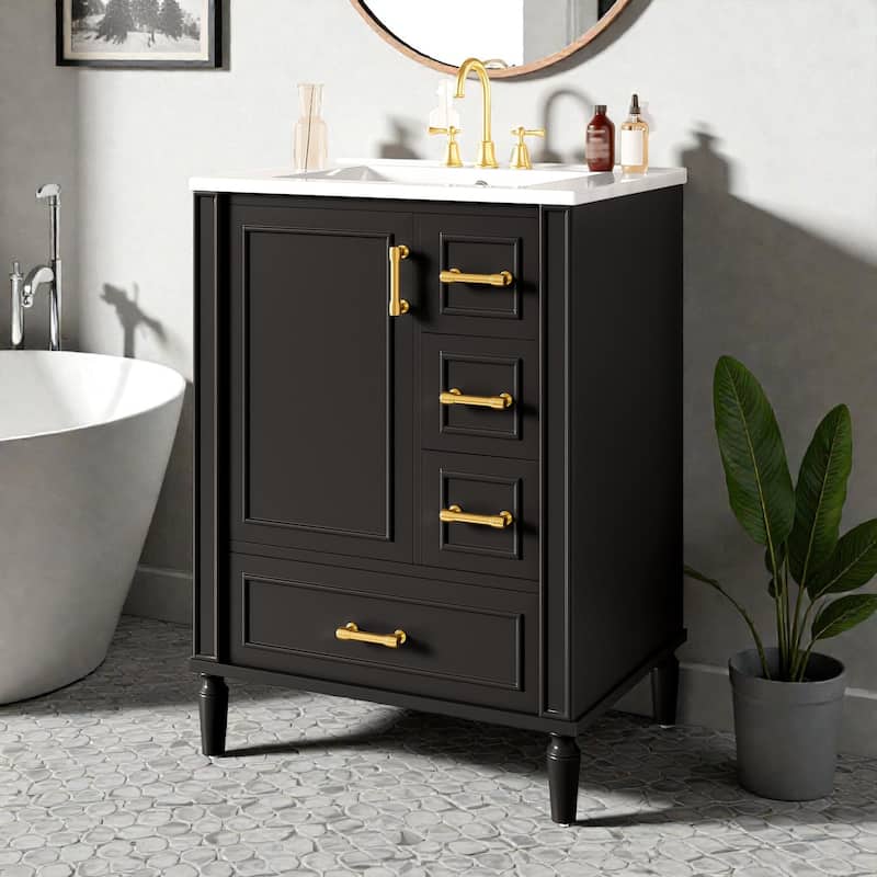 24" Modern Bathroom Vanity with Ceramic Sink, 3 Drawers, Soft-Close Door, Gold Handles, Space-Saving Storage