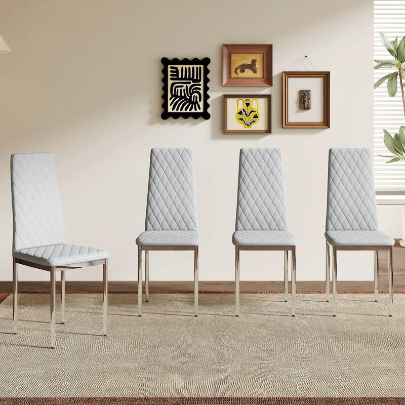 Elegant Modern Dining Chairs: PU Seats & Silver Metal Legs – Perfect for Minimalist Homes & Versatile Settings. - Set of 4 - Light Gray,Silver