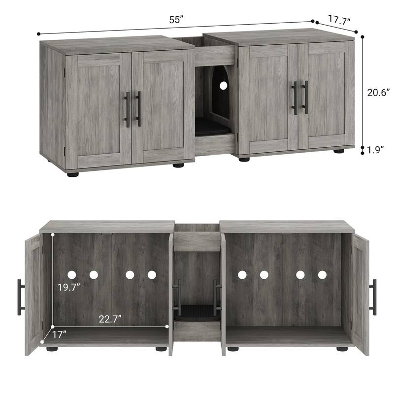 Large Cat Litter Box Furniture with Double Rooms and Barn Doors