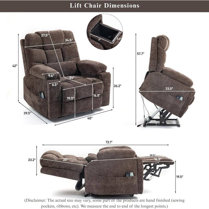 40'' Oversized Dual Motor Power Recliner Lift Chair with Massage and Heat，Chenille Fabric