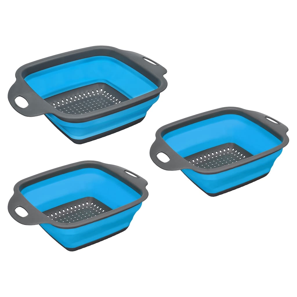 Collapsible Colander Set 3 Pcs Silicone Foldable Strainer - Blue - 29cm x 22cm x 9cm