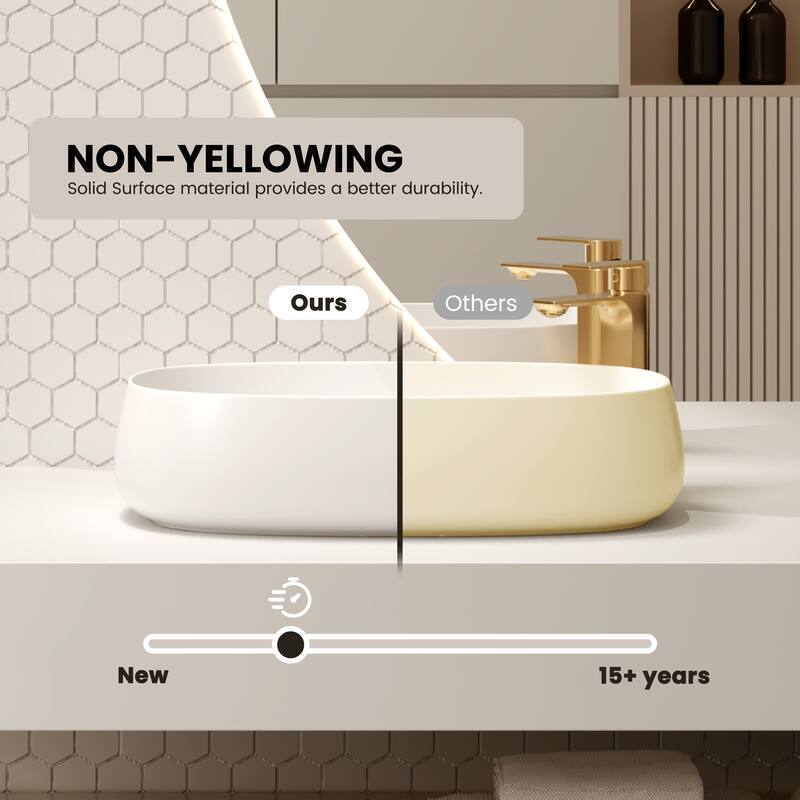 Solid Surface Vessel Bathroom Sink with Pop-Up Drain and Drain Hose, Modern Above Counter Wash Basin with Center Drain