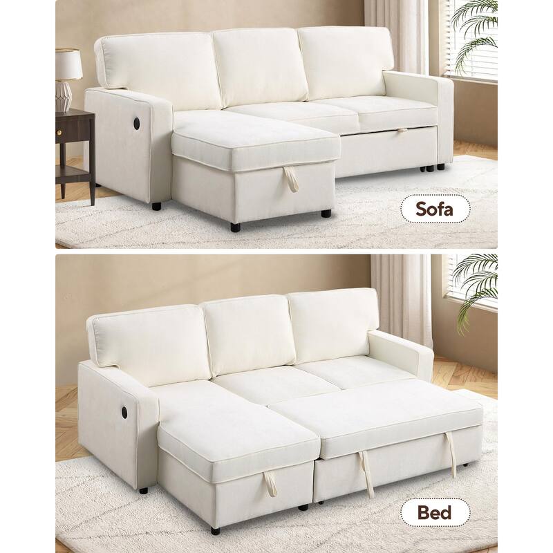 Upholstered Sleeper Sectional Sofa with Storage, USB Ports and Cup Holders, Multi-Functional Modern Sectional Sofa - Beige