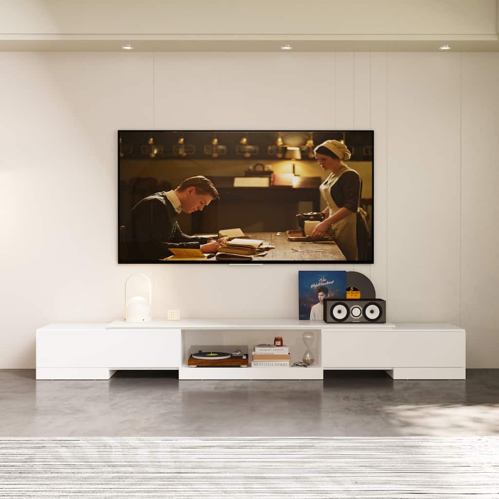 Sleek Entertainment Center with Drawers and Open Shelves