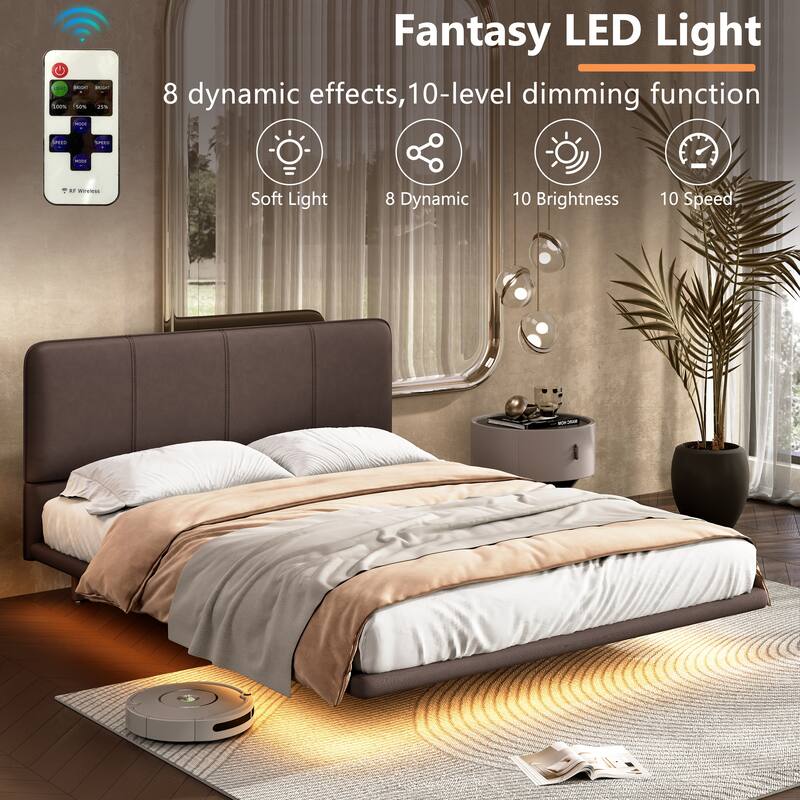 Modern PU Leather Floating Platform Bed with LED Lights, No Boxing Spring Needed