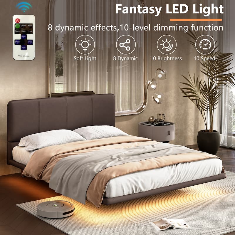 Modern PU Leather Full Size Floating Platform Bed Frame with LED Light