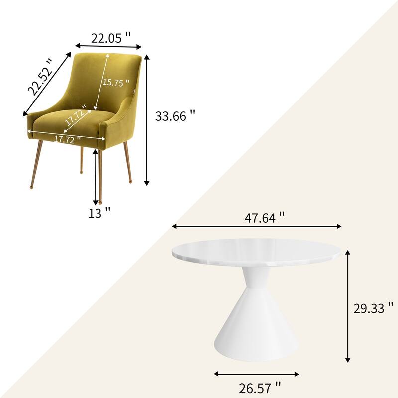 48" Light Luxury White High Gloss Large Countertop Dining Table with Velvet Dining Chair Set