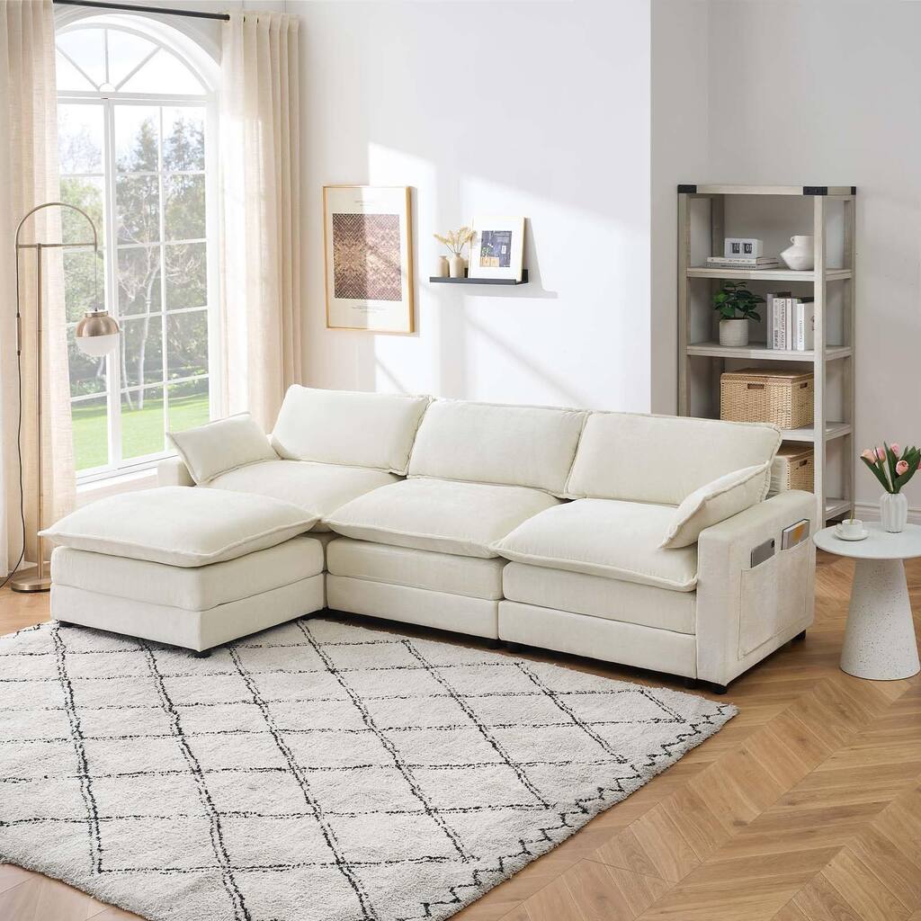Chenille 113-Inch Modular Combo Sofa, Modern 3-Seater L-Shaped Sofa with Ottoman, 2 Cushions, Side Pockets
