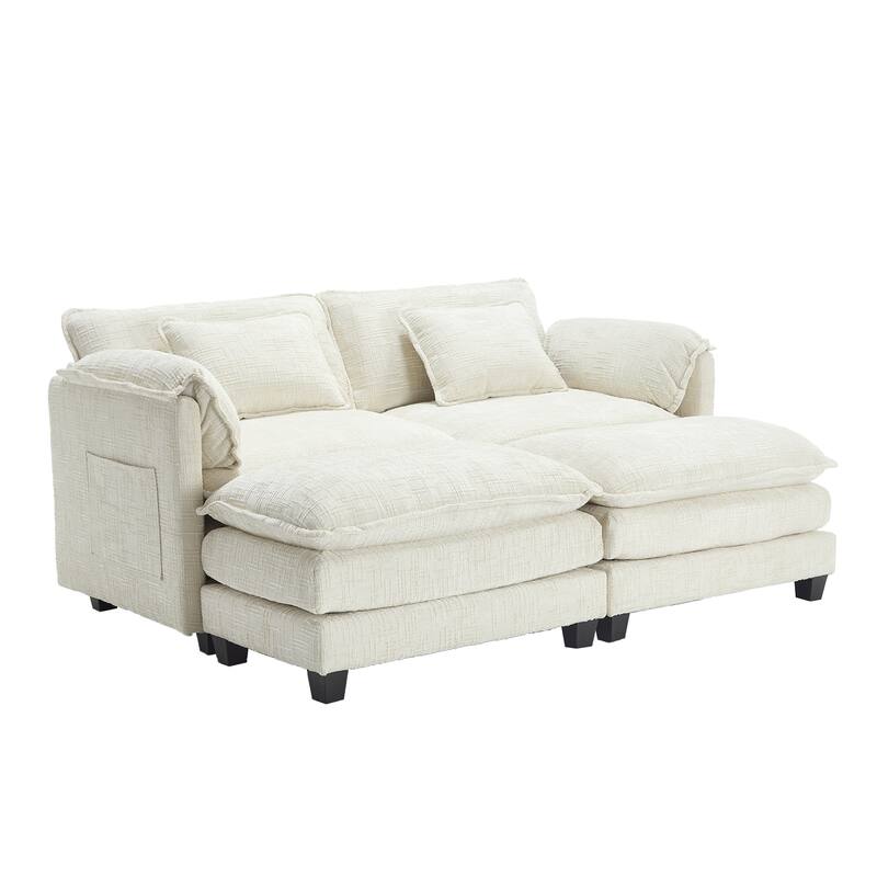 Chenille Sleeper Sofa Bed Deep Seat Loveseat Sectional Couch with Ottomans Chaise Lounge, Detachable Armrests and Side Pockets