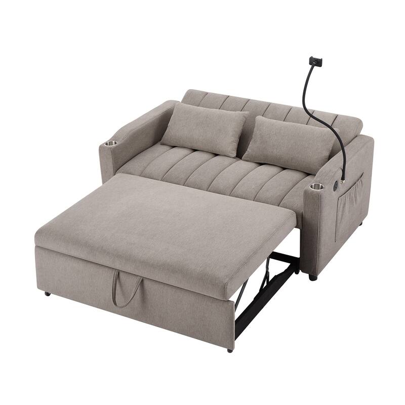 55.9" Convertible Sofa Bed Loveseat with USB Ports, Side Pockets, Cup Holders & Phone Holder, Light Grey, Polyester