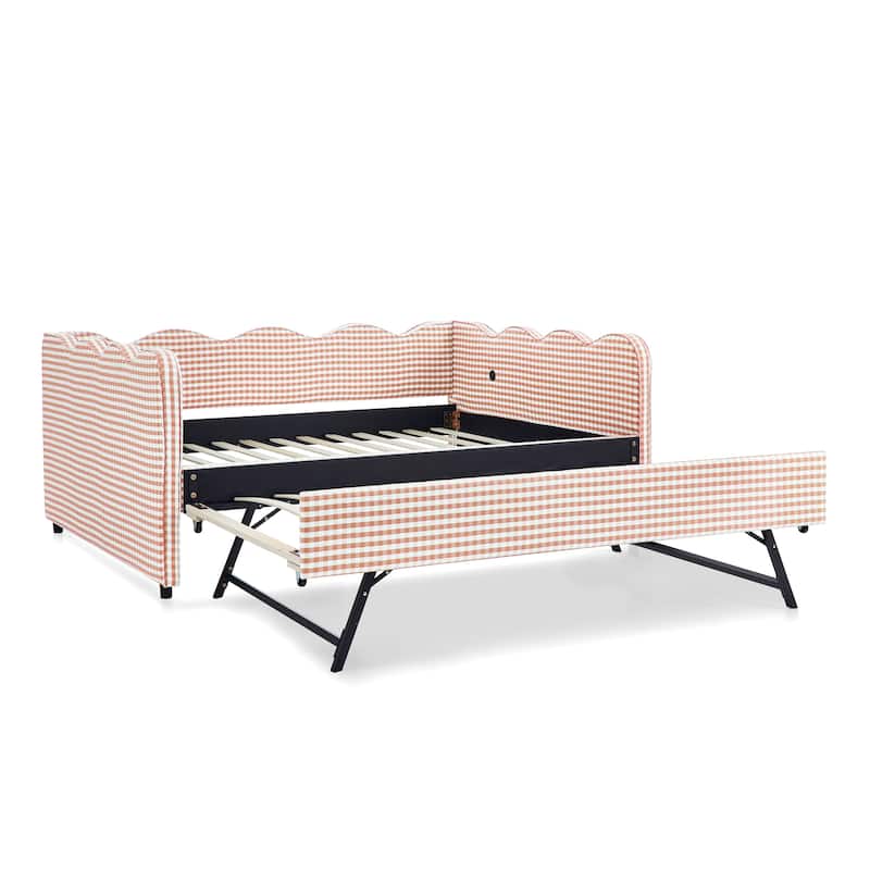 Full Size Gingham Daybed with Twin Trundle, USB Port, Wave Shaped Design & Linen Fabric - No Box Spring Needed
