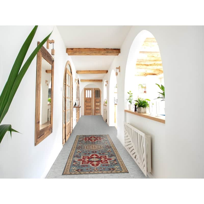 Light Blue Heriz Serapi Indian Runner Rug Hand-Knotted Wool Carpet - 2'7" x 7'11"