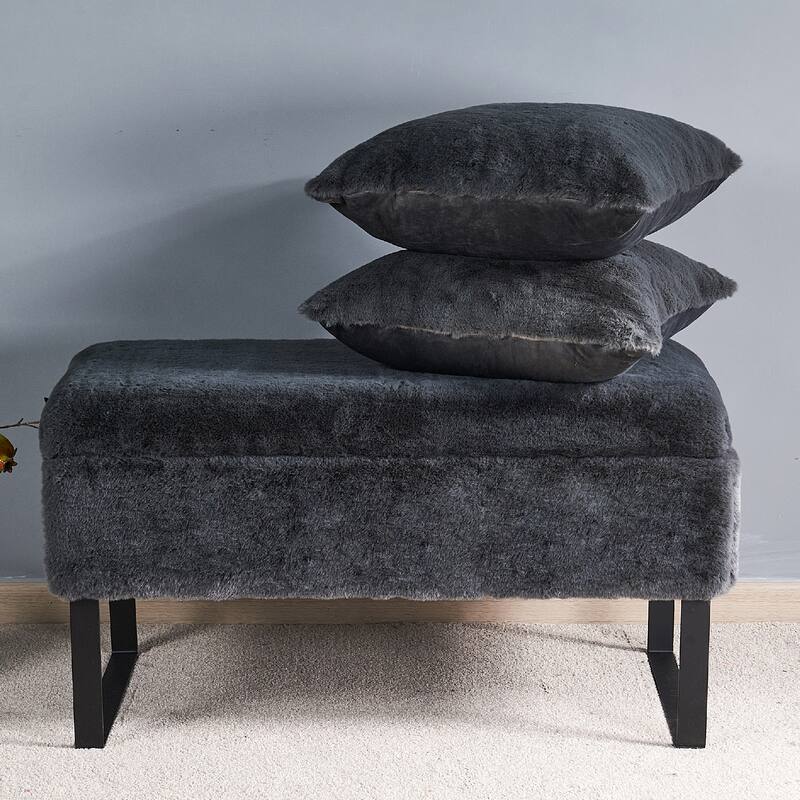 Heavy FauxFur Storage Ottoman with 2 Pillow Set