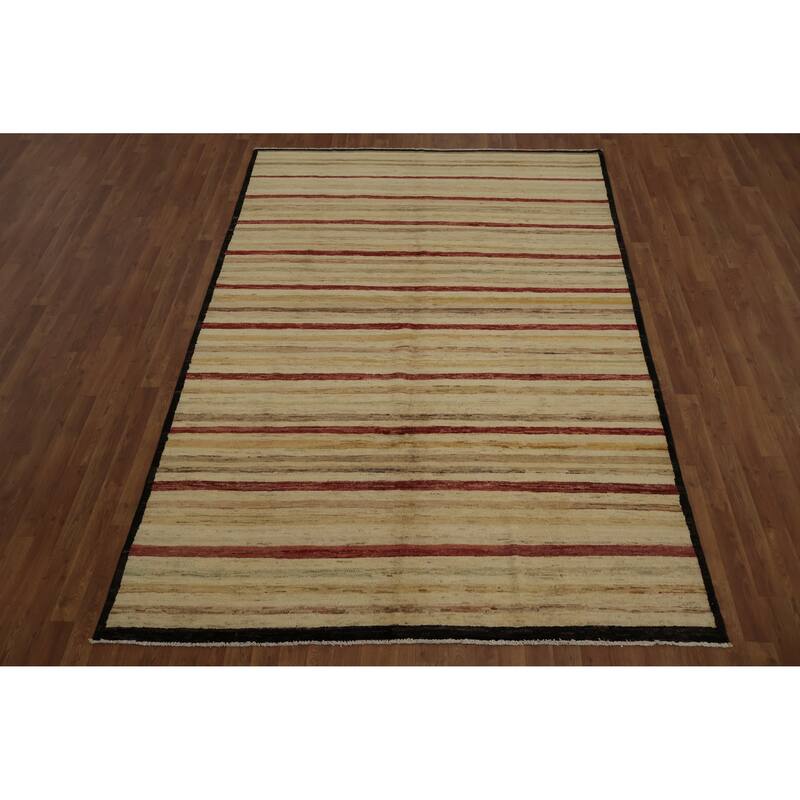 Hand Knotted Oriental 100% Wool Carpet Modern Stripe Beige & Ivories Gabbeh Area Rug - 9' 7'' X 6' 6''