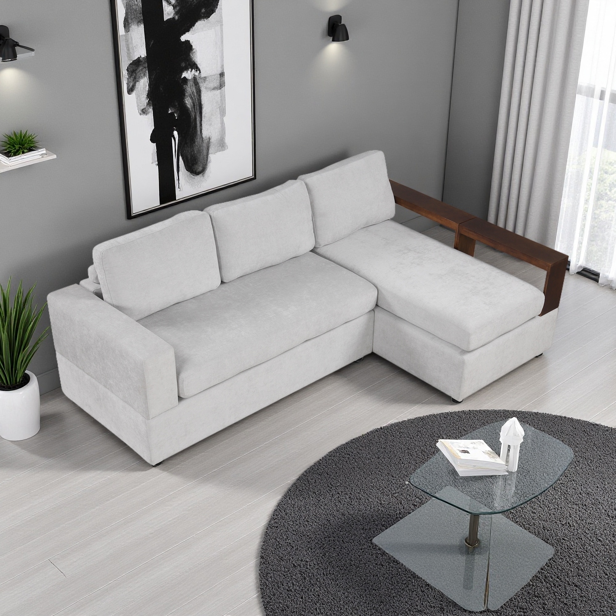 87.4" Chenille Reversible Armrest L-Shaped Sectional Sofa with Storage Rack and Chaise Lounge