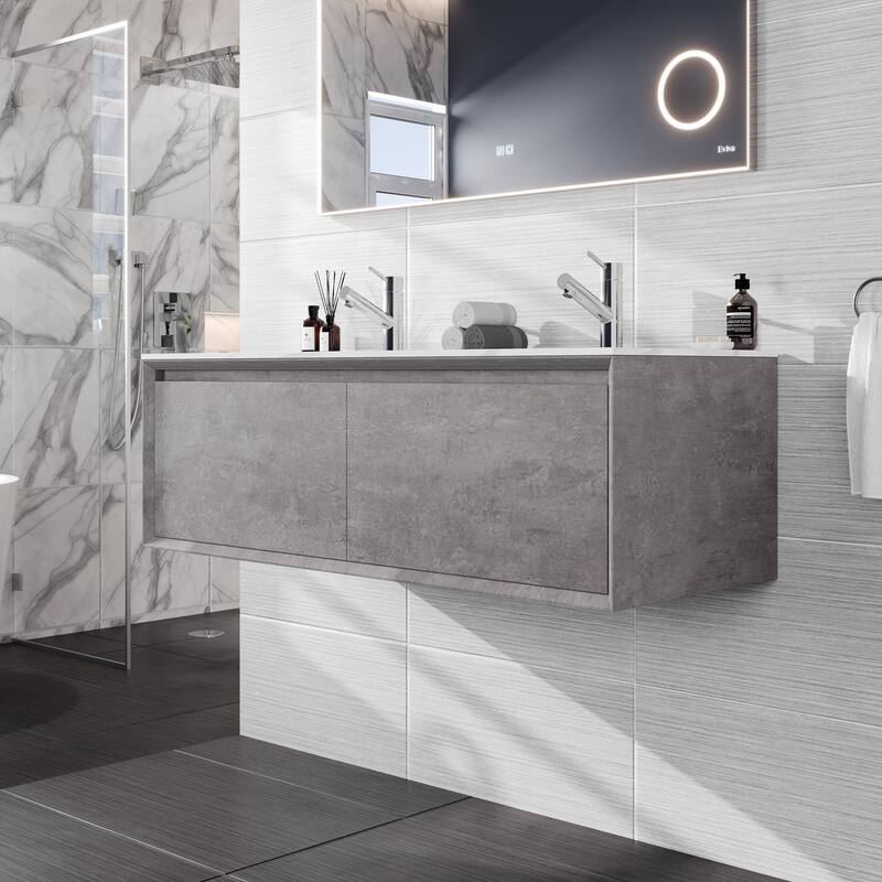 Aurora 36 in. Concrete Gray Wall Mount Single Sink Bath Vanity with Carrara Quartz Top and Undermount Porcelain Sink