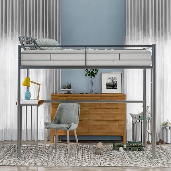 slide 2 of 12, Minimal Design Twin Size Loft Bed with Desk, Ladder & Guardrails Silver