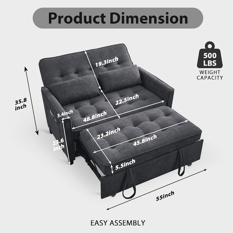 Convertible Sofa Bed,3 in 1 Pull Out Couch,Loveseat Sleeper with Adjustable Backrest,Side Pocket,USB Charging Port