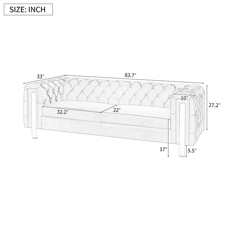 83.75" Velvet 3-Seater Sofa with Tufted Diamond Stitching, Gold Accents, and Iron Legs