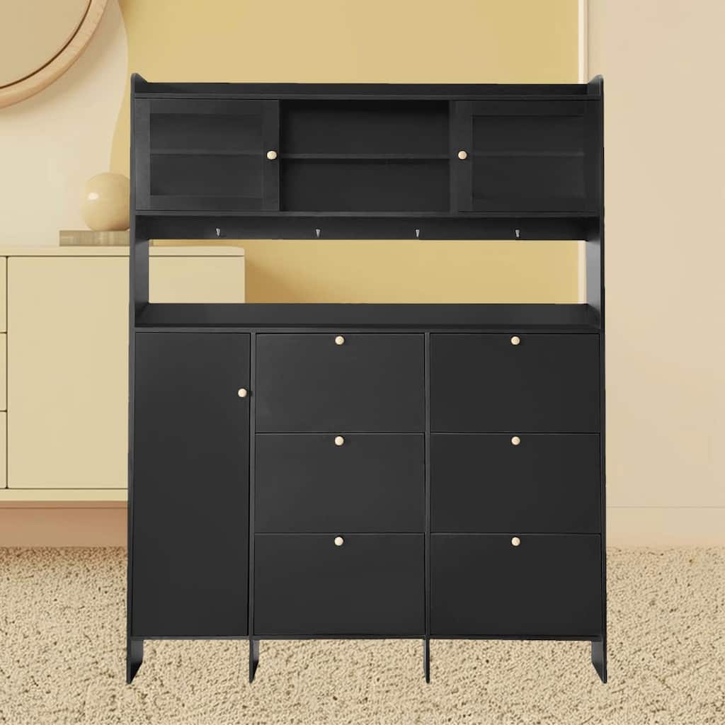 Large Hall Tree Shoe Rack Storage Cabinet with Tempered Glass Doors and 6 Flip Drawers for, Bedroom, Entryway, Porch Storage