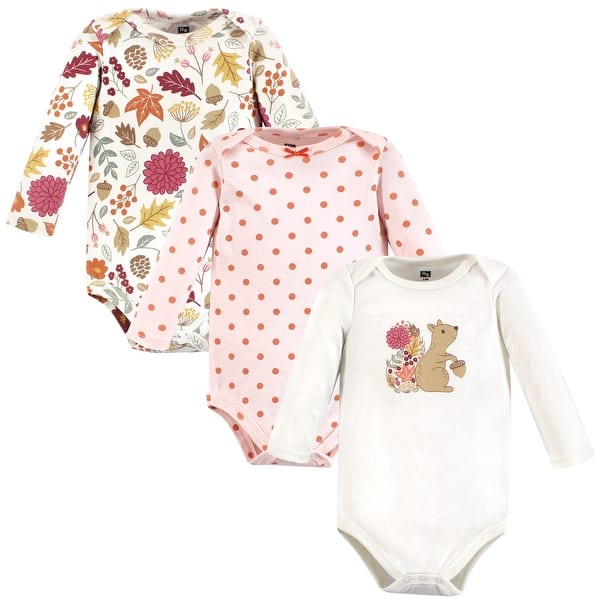 slide 1 of 1, Hudson Baby Infant Girl Cotton Long-Sleeve Bodysuits, Fall Squirrel 3-Pack 12-18 Months - Fall Squirrel 3-Pack