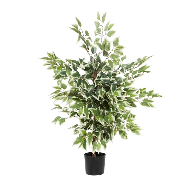 Green Faux Foliage Ficus Artificial Tree with Realistic Leaves and Black Plastic Pot