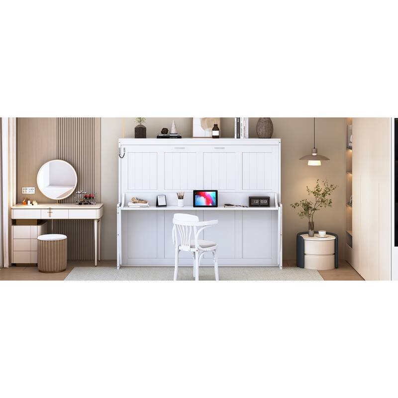 Roomfitters Full/Queen Murphy Bed with Hydraulic Lift and Folding Desk, Space Saving Wall Mounted Sleeper