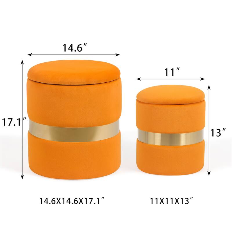 Adeco Set of 2 Velvet Storage Ottoman Round Foot Stool Metal Band