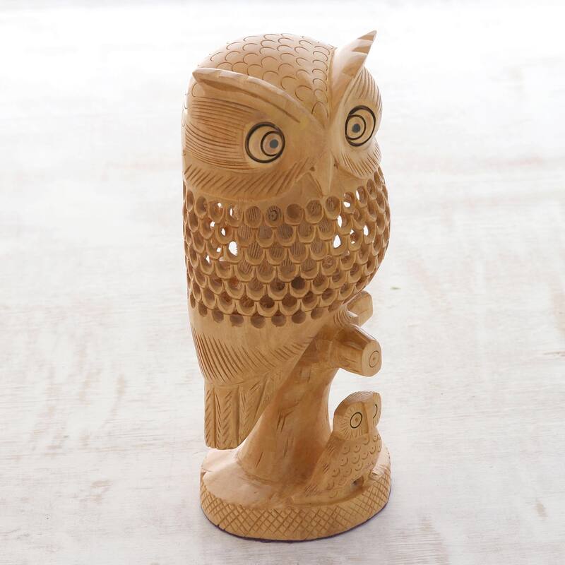 Handmade Latticework Owls Wood Statuette (India) - 8.25" H x 4.3" W x 2.2" D