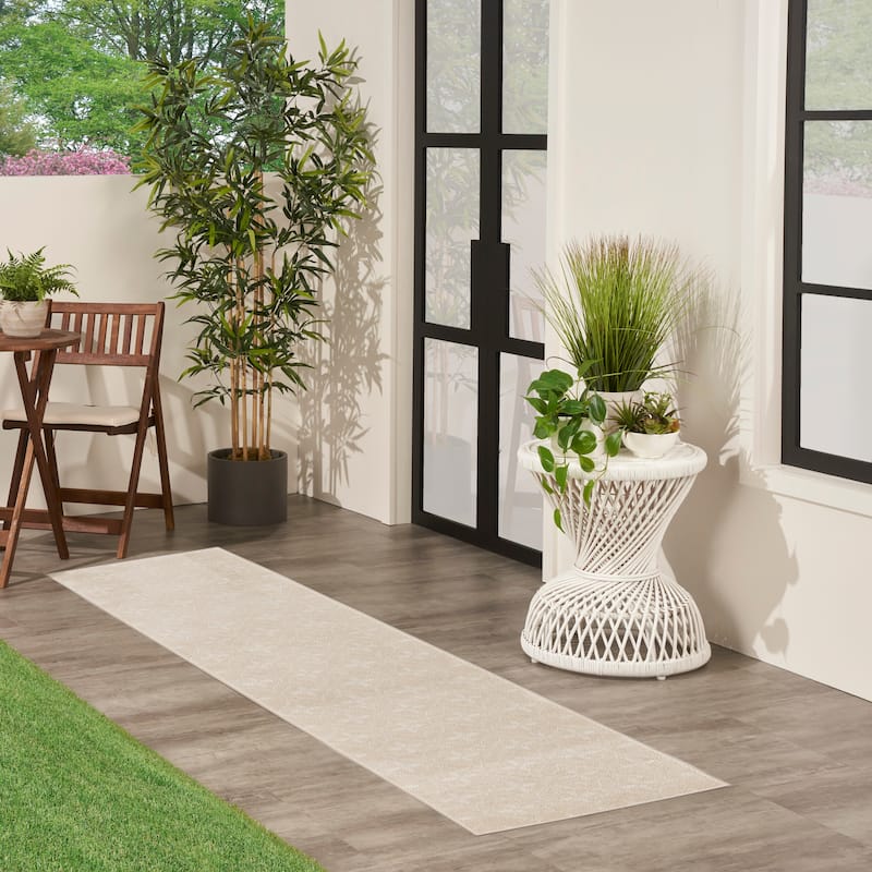 Nourison Sandy Indoor / Outdoor Blue Moroccan Area Rug - 8' Runner - Ivory/Beige